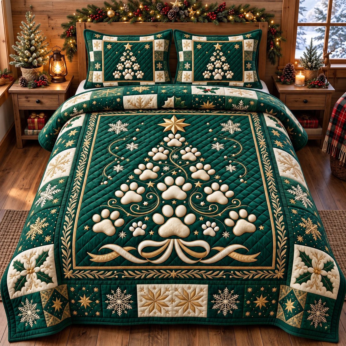 Santa Paws 3 Piece Quilted Bedding Set Christmas Gift For Dog Lovers