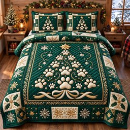 Santa Paws 3 Piece Quilted Bedding Set Christmas Gift For Dog Lovers