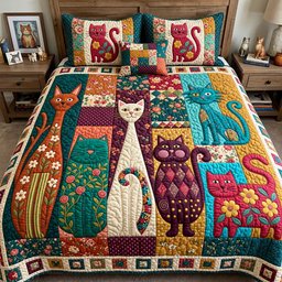 Colorful Cat Parade 3 Piece Quilted Bedding Set Gift For Cat Lovers