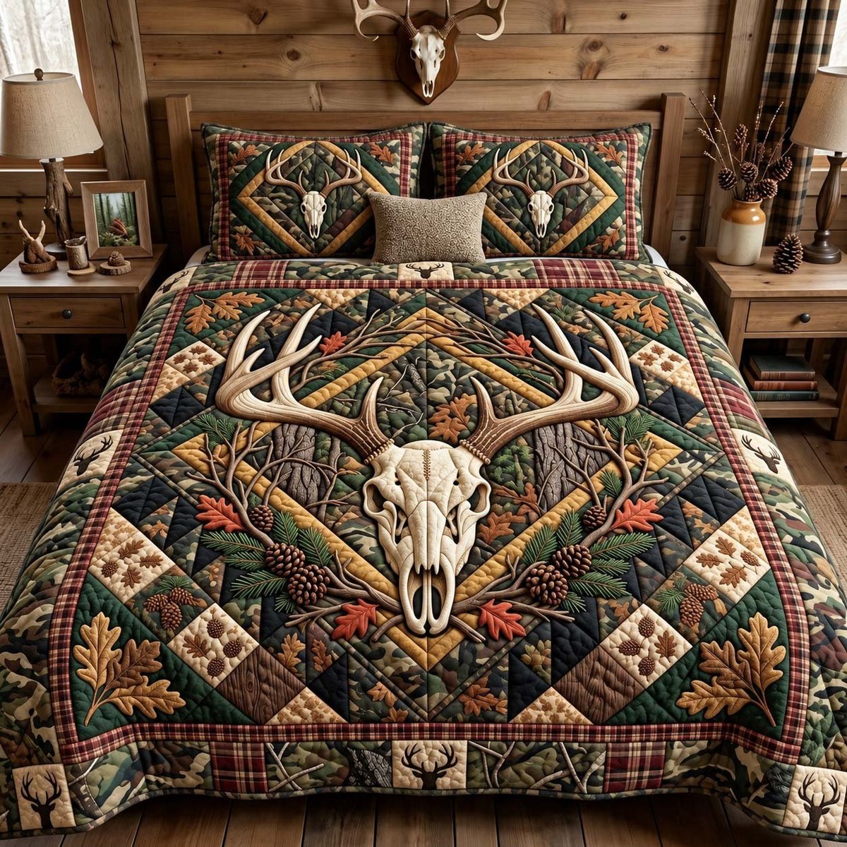 Whitetail Forest Crest 3 Piece Quilted Bedding Set Gift For Hunters