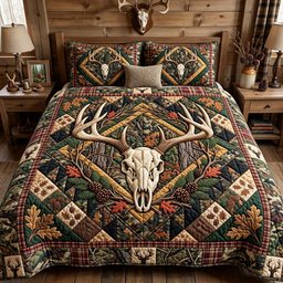 Whitetail Forest Crest 3 Piece Quilted Bedding Set Gift For Hunters