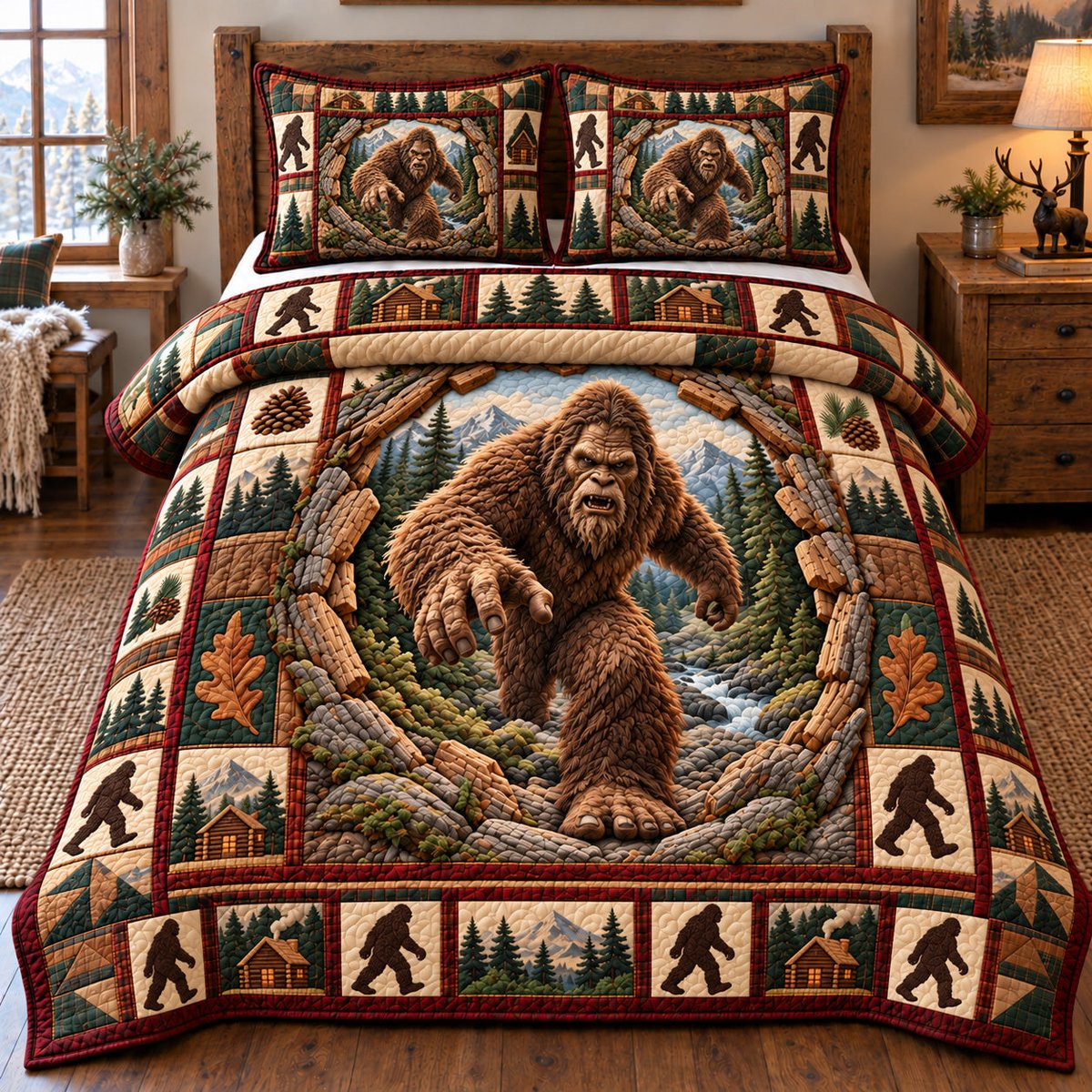 Majestic Forest Bigfoot 3 Piece Quilted Bedding Set Gift For Nature Lovers