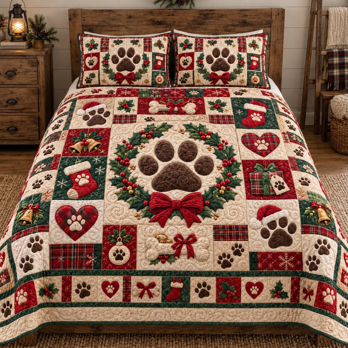 Paw Patchwork 3 Piece Quilted Bedding Set Christmas Gift For Dog Lovers