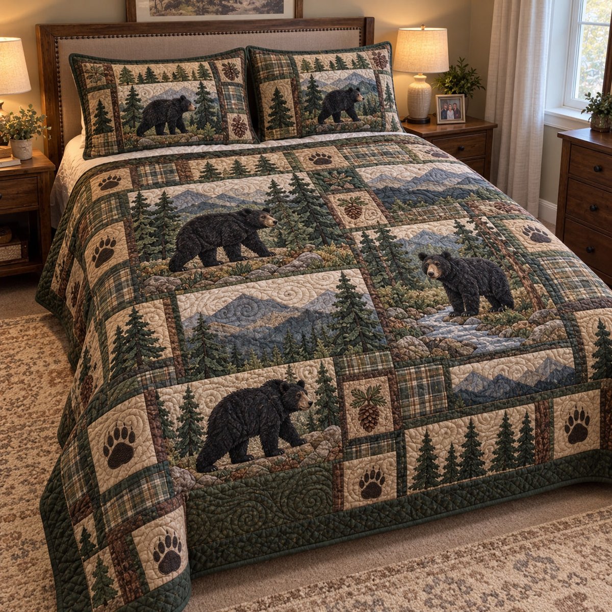 Mountain Bear Patchwork 3 Piece Quilted Bedding Set Gift For Bear Lovers