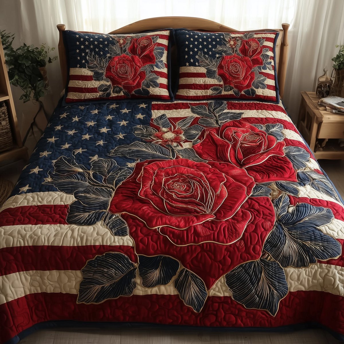 Vintage Patriotic Rose 3 Piece Quilted Bedding Set Gift For Flower Lovers