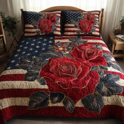Vintage Patriotic Rose 3 Piece Quilted Bedding Set Gift For Flower Lovers
