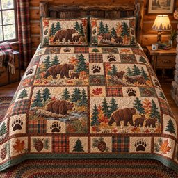 Autumn Bear Patchwork 3 Piece Quilted Bedding Set Gift For Bear Lovers
