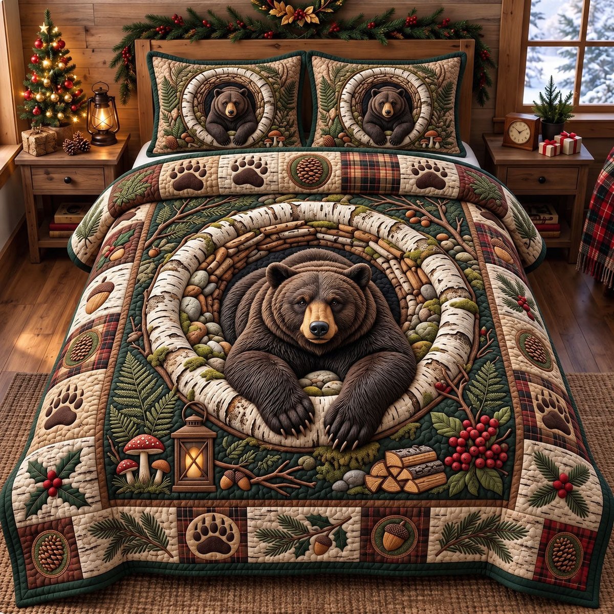 Rustic Bear 3 Piece Quilted Bedding Set Gift For Bear Lovers