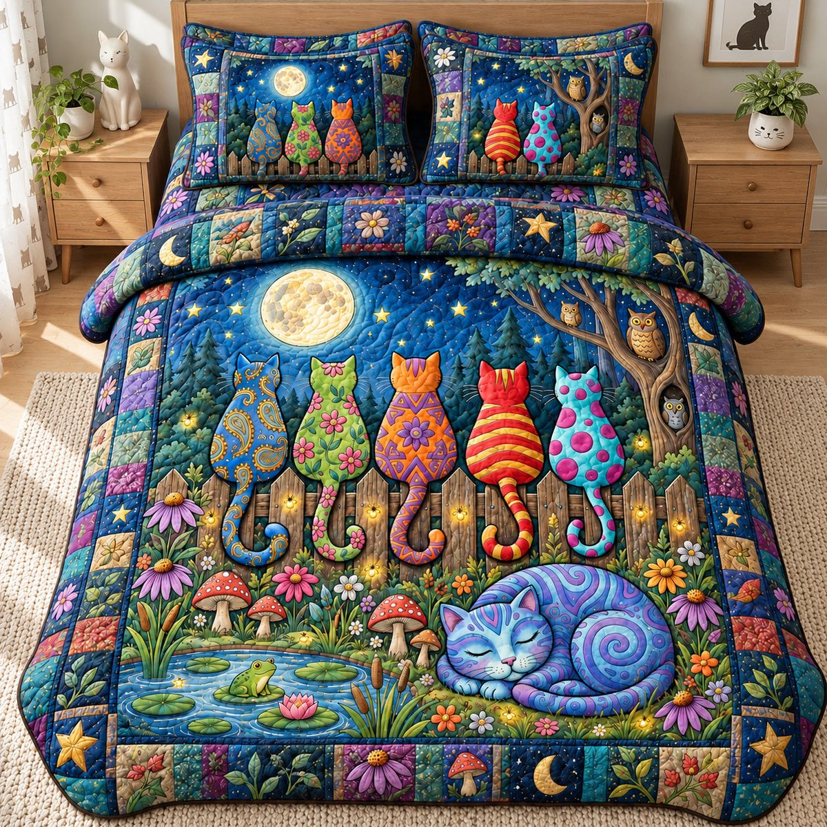 Whimsical Moonlight Cats 3 Piece Quilted Bedding Set Gift For Cat Lovers