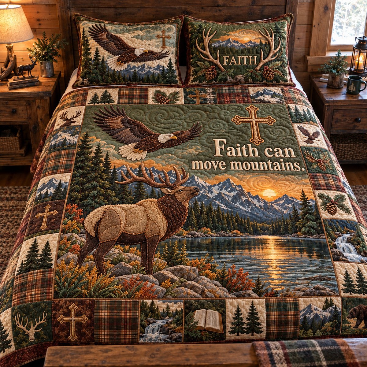 Faith Can Move Mountains 3 Piece Quilted Bedding Set Gift For Christians