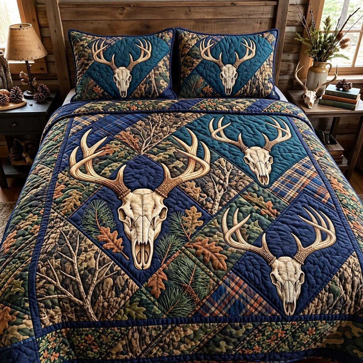 Camo Antler Heritage 3 Piece Quilted Bedding Set Gift For Hunters