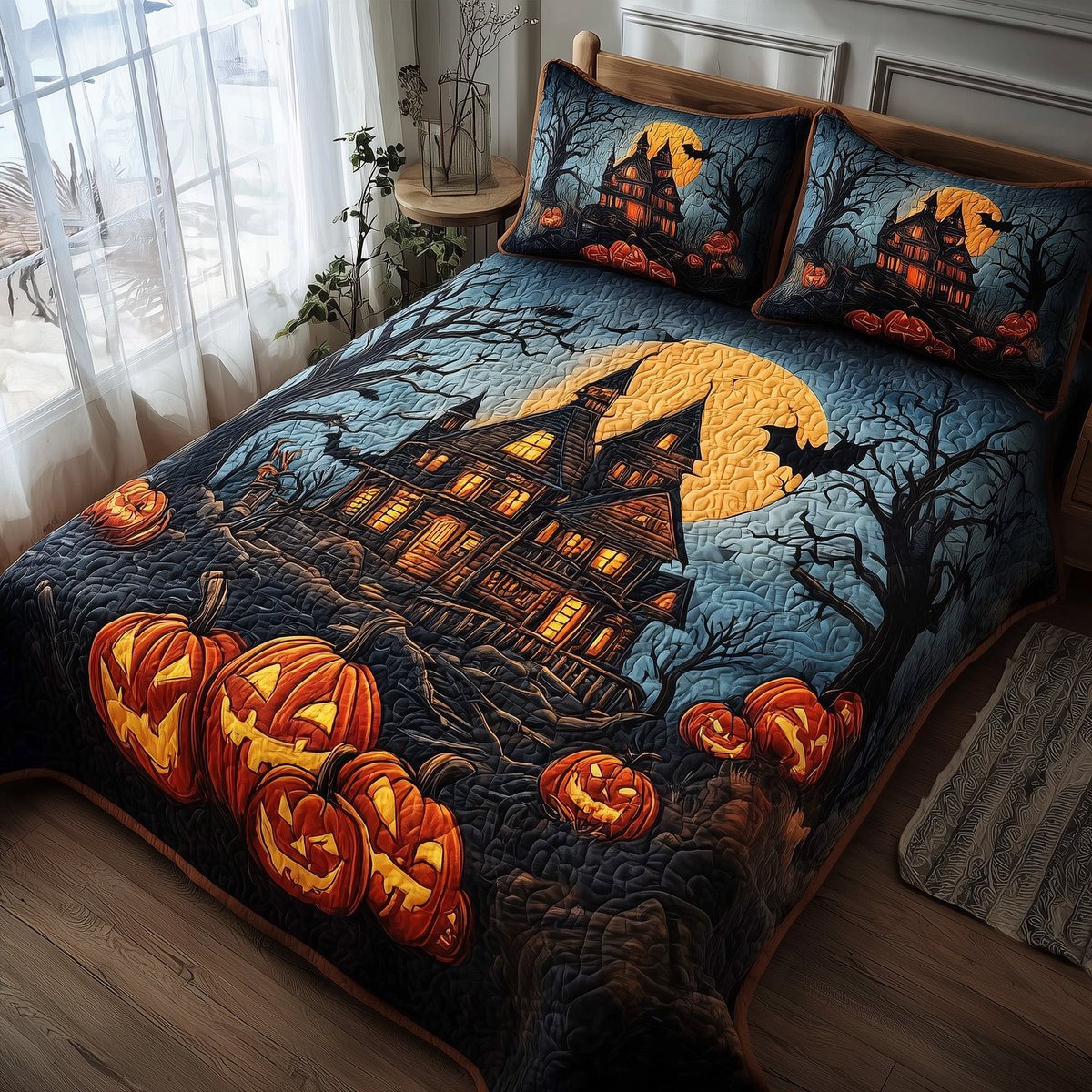 Spooky Manor 3 Piece Quilted Bedding Set Halloween Gift For Gothic Decor Lovers