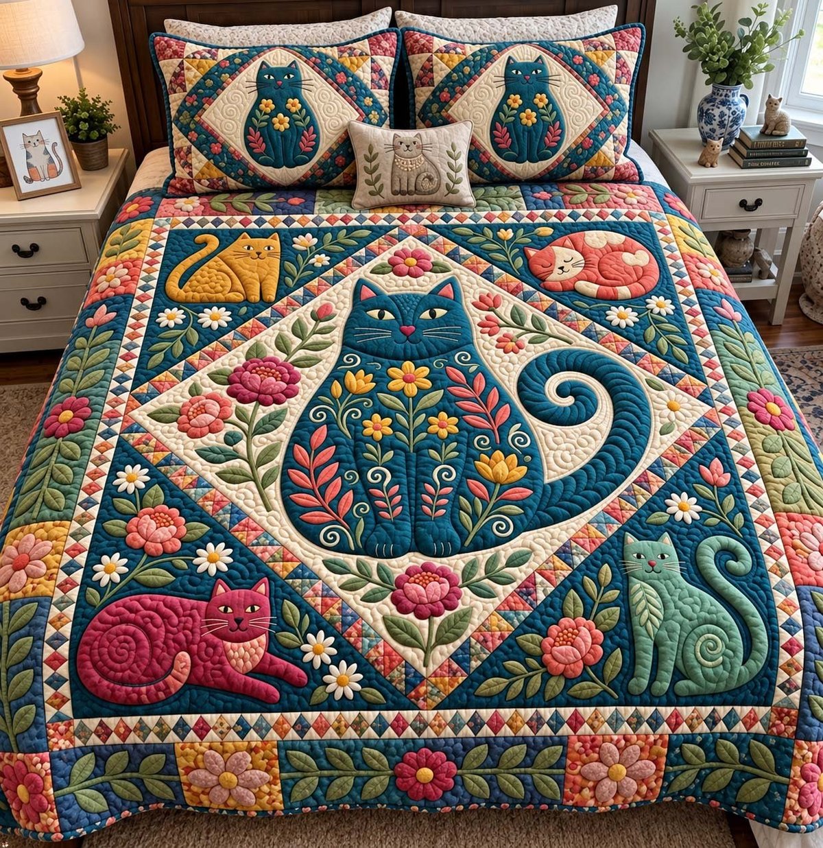 Folk Floral Cat 3 Piece Quilted Bedding Set Gift For Cat Lovers