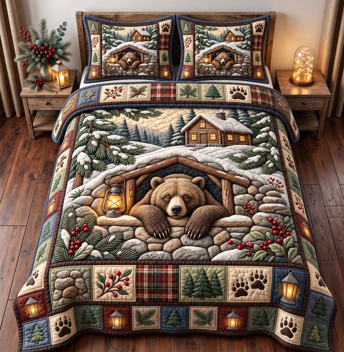 Rustic Bear 3 Piece Quilted Bedding Set Gift For Bear Lovers