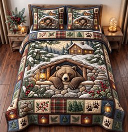 Rustic Bear 3 Piece Quilted Bedding Set Gift For Bear Lovers