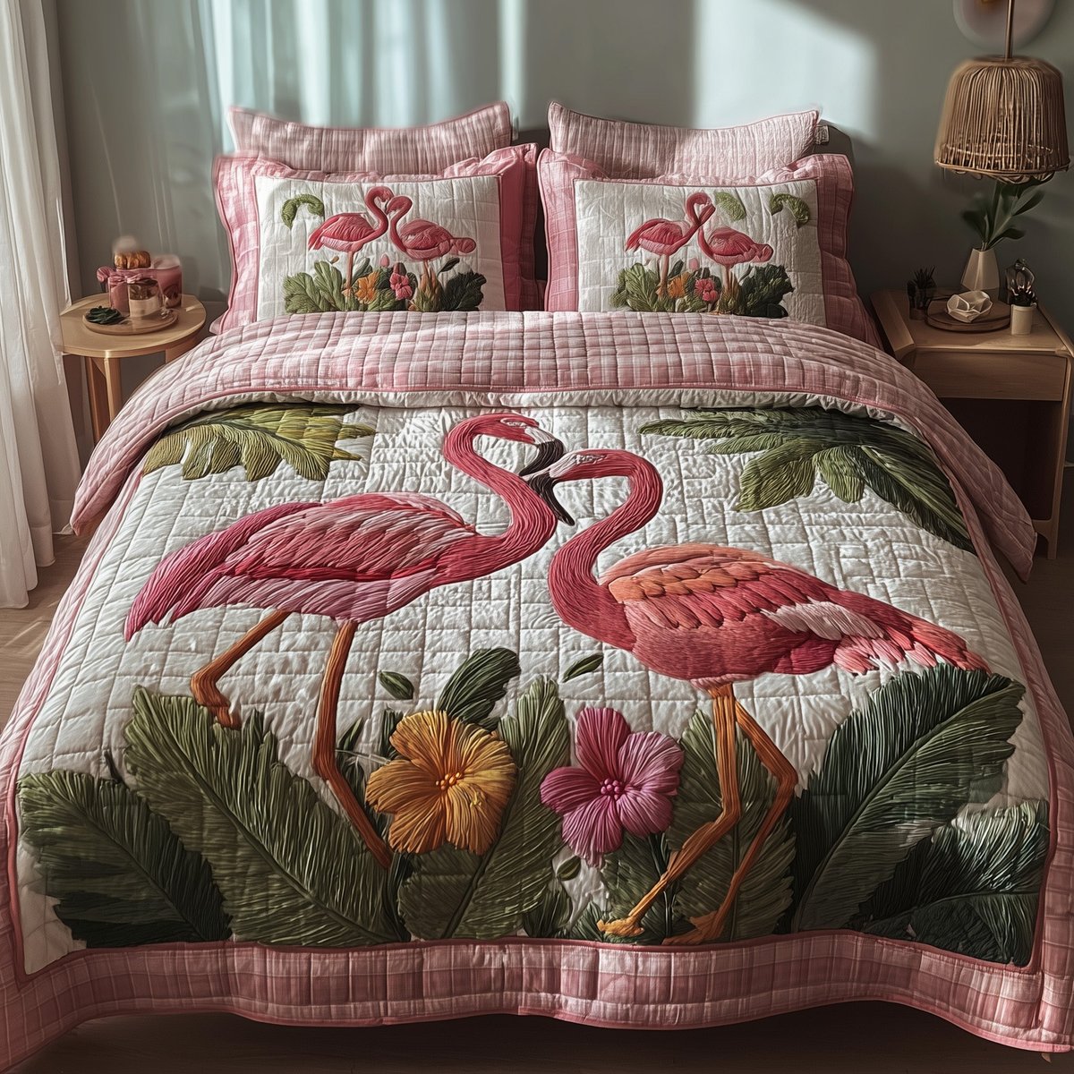 Pink Paradise 3 Piece Quilted Bedding Set Gift For Home Decor Lovers