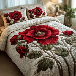 Poppies 3 Piece Quilted Bedding Set Gift For Flower Lovers
