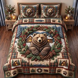 Rustic Bear 3 Piece Quilted Bedding Set Gift For Bear Lovers