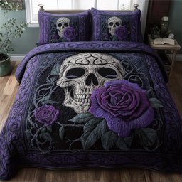 Dark Elegance Skull 3 Piece Quilted Bedding Set Gift For Gothic Decor Lovers