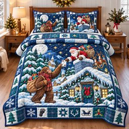 Bigfoot Santa Claus Surprise 3 Piece Quilted Bedding Set Christmas Gift For Holiday Decor Lovers