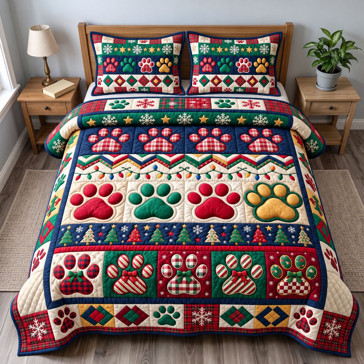 Santa Paws 3 Piece Quilted Bedding Set Christmas Gift For Dog Lovers