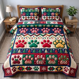 Santa Paws 3 Piece Quilted Bedding Set Christmas Gift For Dog Lovers