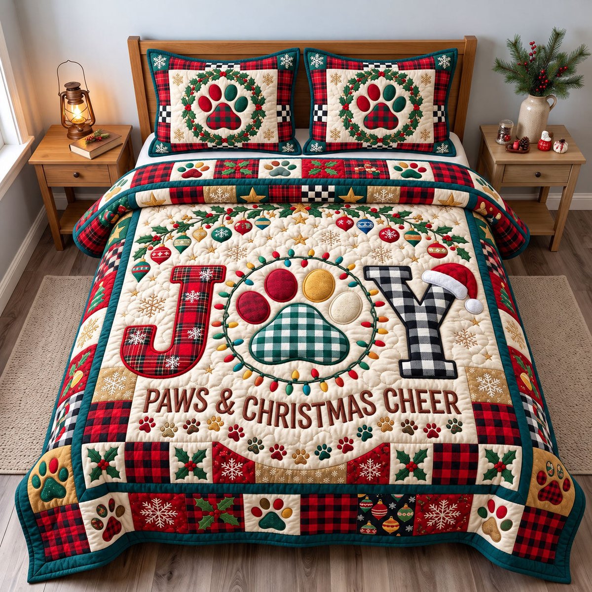 Santa Paws 3 Piece Quilted Bedding Set Christmas Gift For Dog Lovers