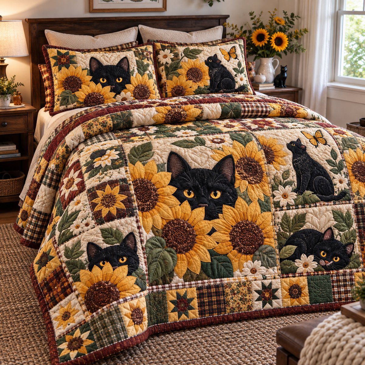 Black Cat Sunflowers 3 Piece Quilted Bedding Set Gift For Cat Lovers