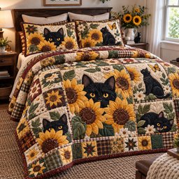 Black Cat Sunflowers 3 Piece Quilted Bedding Set Gift For Cat Lovers