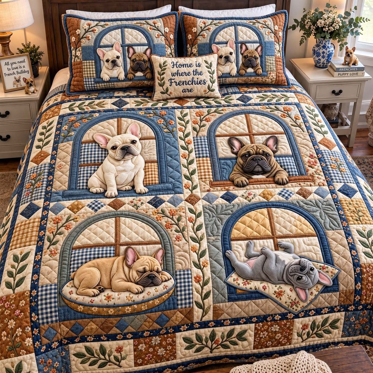 Frenchie Sunshine Days 3 Piece Quilted Bedding Set Gift For Home Decor Lovers