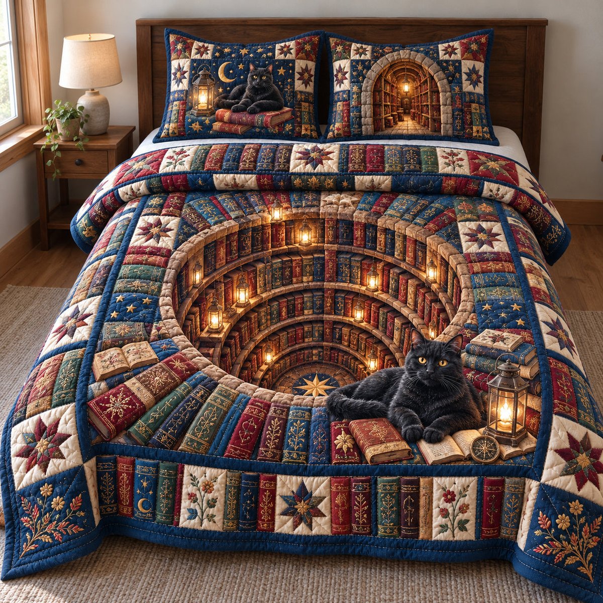 Cat Book Library 3 Piece Quilted Bedding Set Gift For Cat Lovers