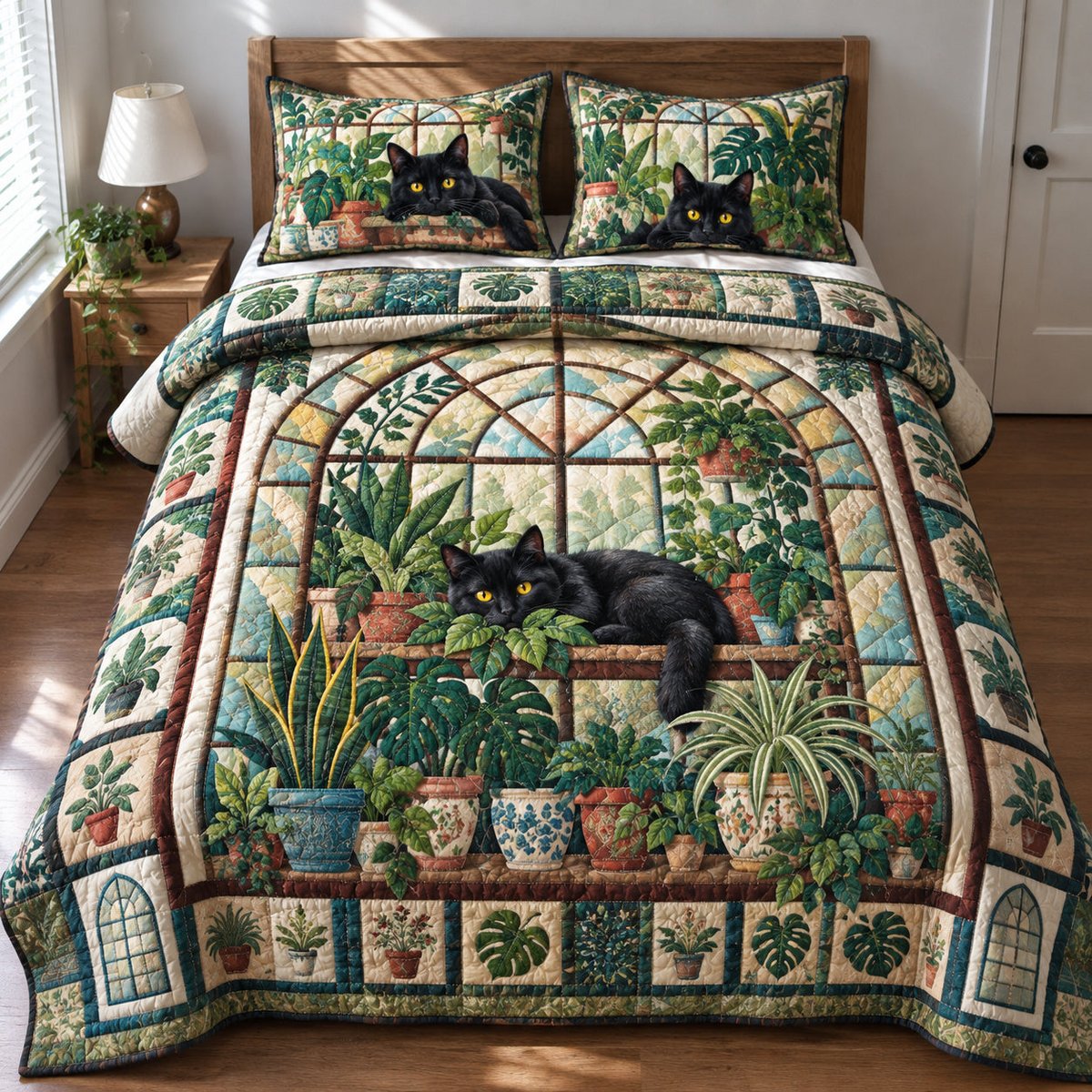 Black Cat 3 Piece Quilted Bedding Set Gift For Cat Lovers