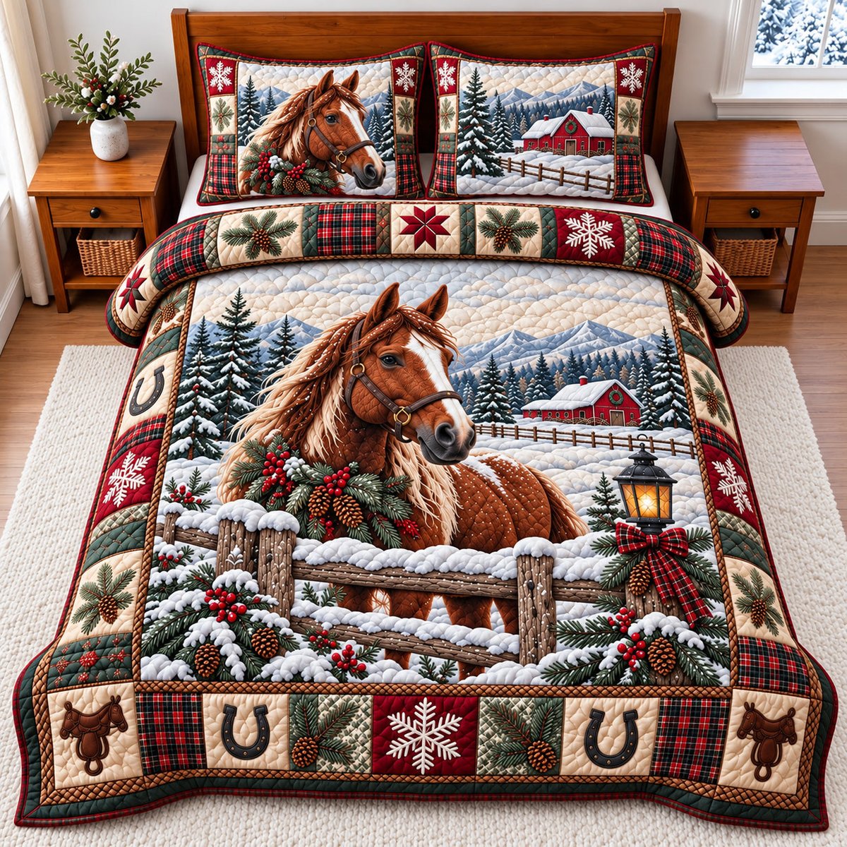 Rustic Horse 3 Piece Quilted Bedding Set Gift For Horse Lovers