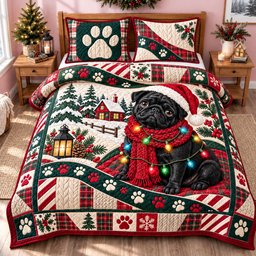 Pug Festivity Dog 3 Piece Quilted Bedding Set Christmas Gift For Dog Lovers