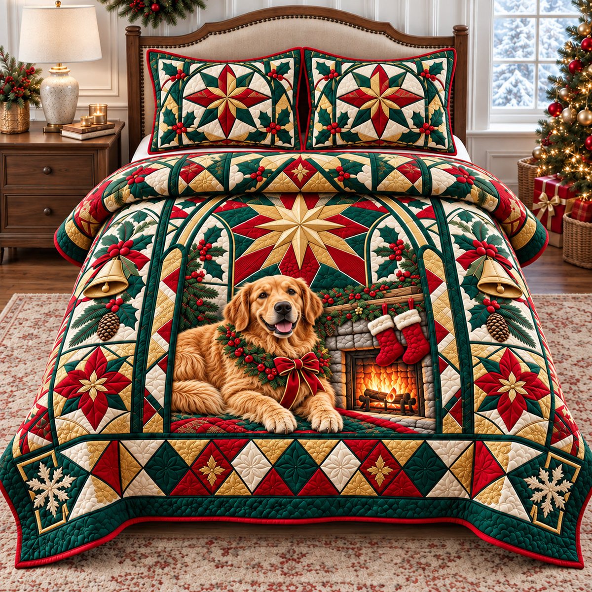 Star Golden Retriever 3 Piece Quilted Bedding Set Christmas Gift For Dog Lovers