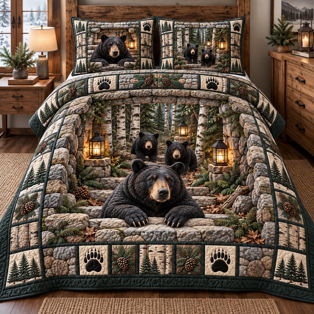 Rustic Bear Family 3 Piece Quilted Bedding Set Gift For Bear Lovers