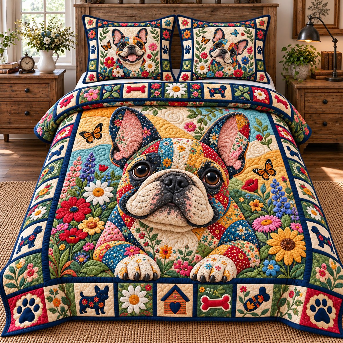 Floral Bulldog Patchwork 3 Piece Quilted Bedding Set Gift For Dog Lovers