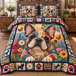 Floral Bulldog Patchwork 3 Piece Quilted Bedding Set Gift For Dog Lovers