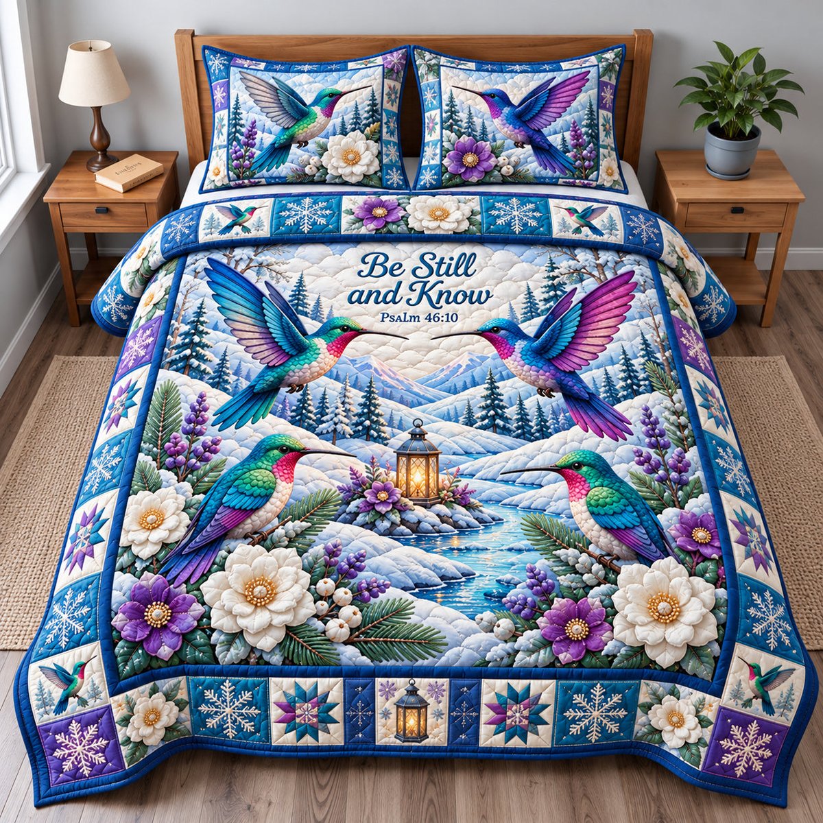 Winter Hummingbird Radiance 3 Piece Quilted Bedding Set Gift For Bird Lovers