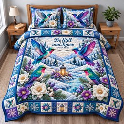Winter Hummingbird Radiance 3 Piece Quilted Bedding Set Gift For Bird Lovers