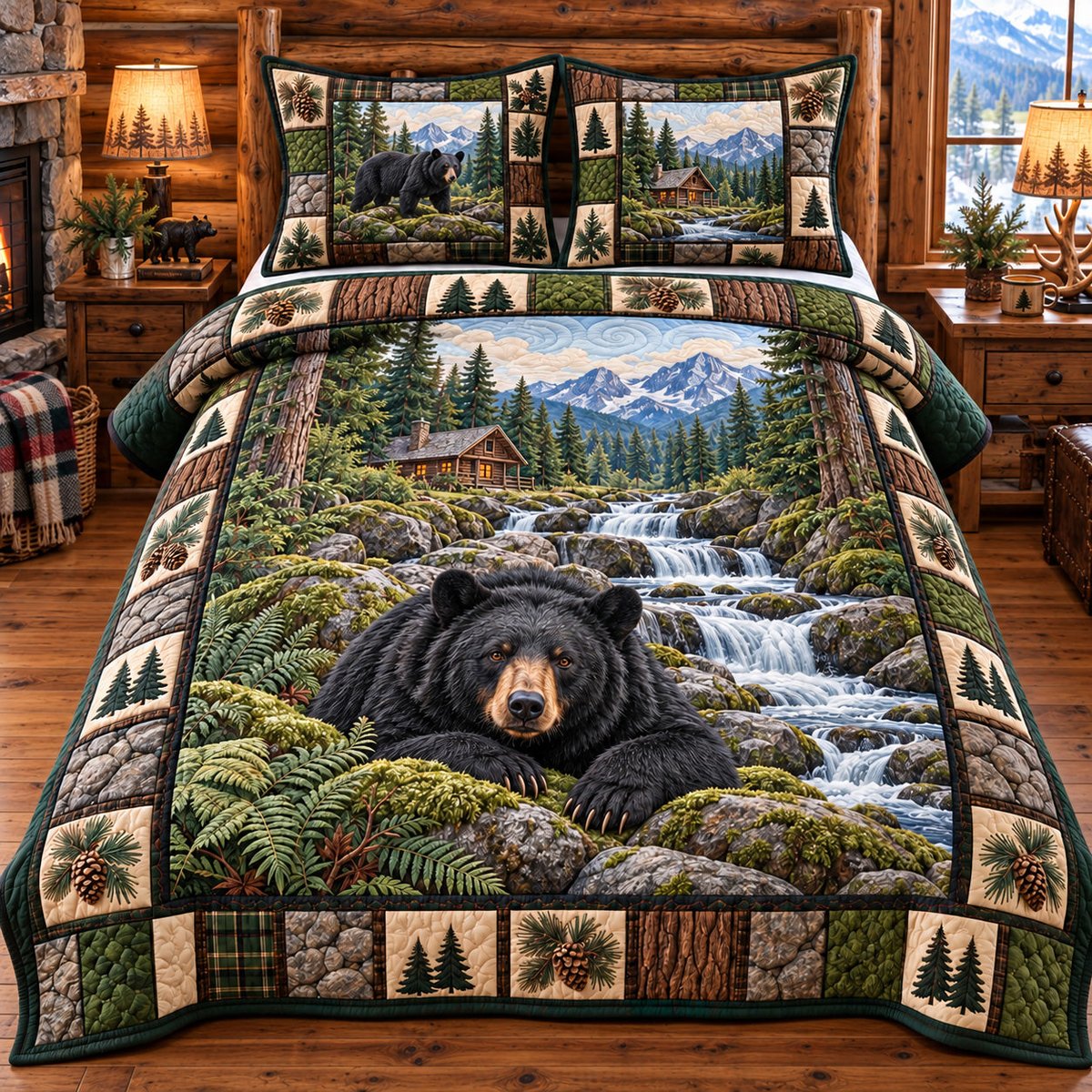 Forest Rustic Guardian Bear 3 Piece Quilted Bedding Set Gift For Nature Lovers