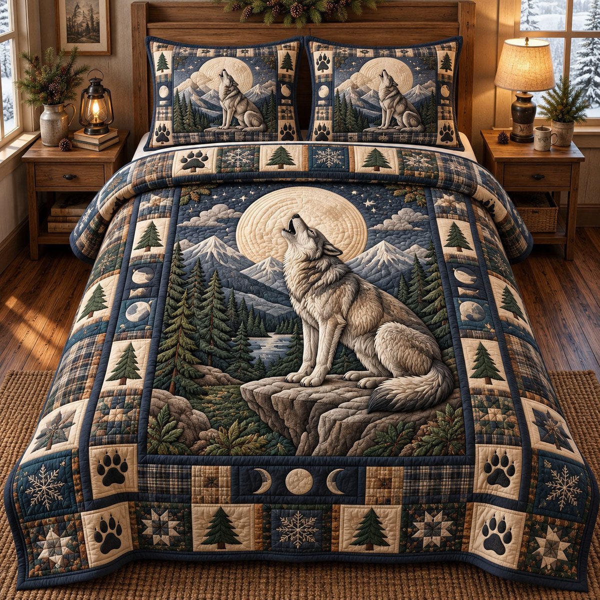 Rustic Wolf 3 Piece Quilted Bedding Set Gift For Wolf Lovers