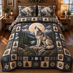 Rustic Wolf 3 Piece Quilted Bedding Set Gift For Wolf Lovers