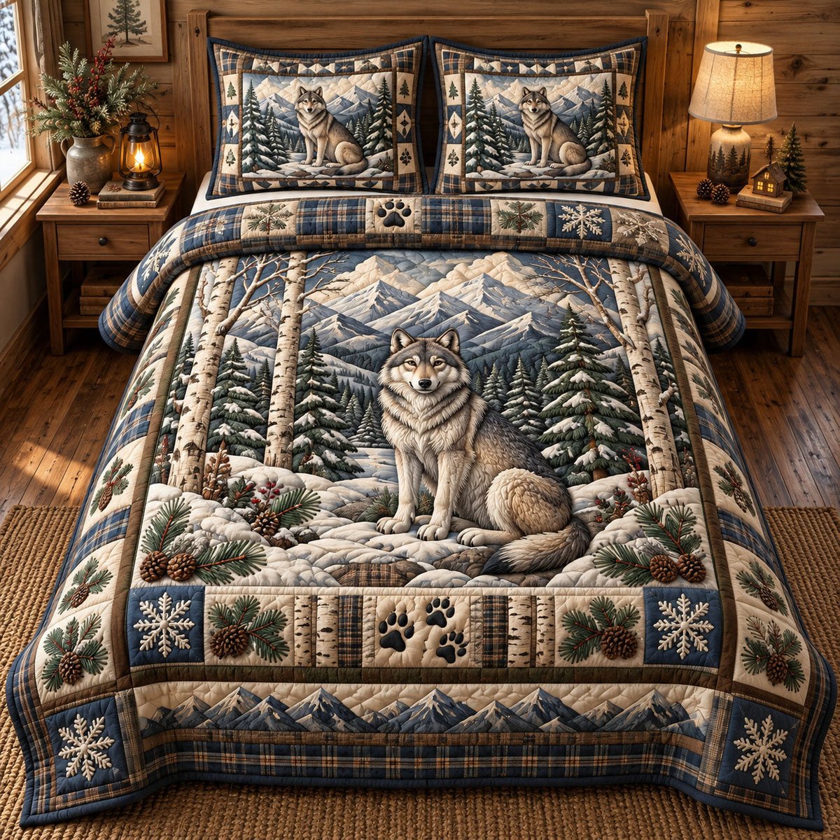 Rustic Wolf 3 Piece Quilted Bedding Set Gift For Wolf Lovers