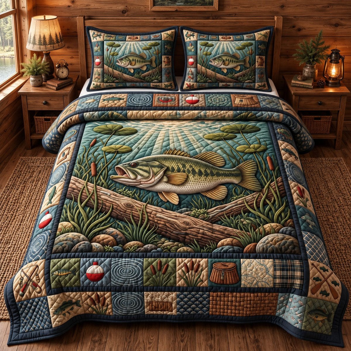 Rustic Bass Fishing 3 Piece Quilted Bedding Set Gift For Fishing Lovers