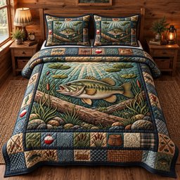 Rustic Bass Fishing 3 Piece Quilted Bedding Set Gift For Fishing Lovers