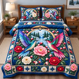 Winter Hummingbird Symphony 3 Piece Quilted Bedding Set Gift For Bird Lovers