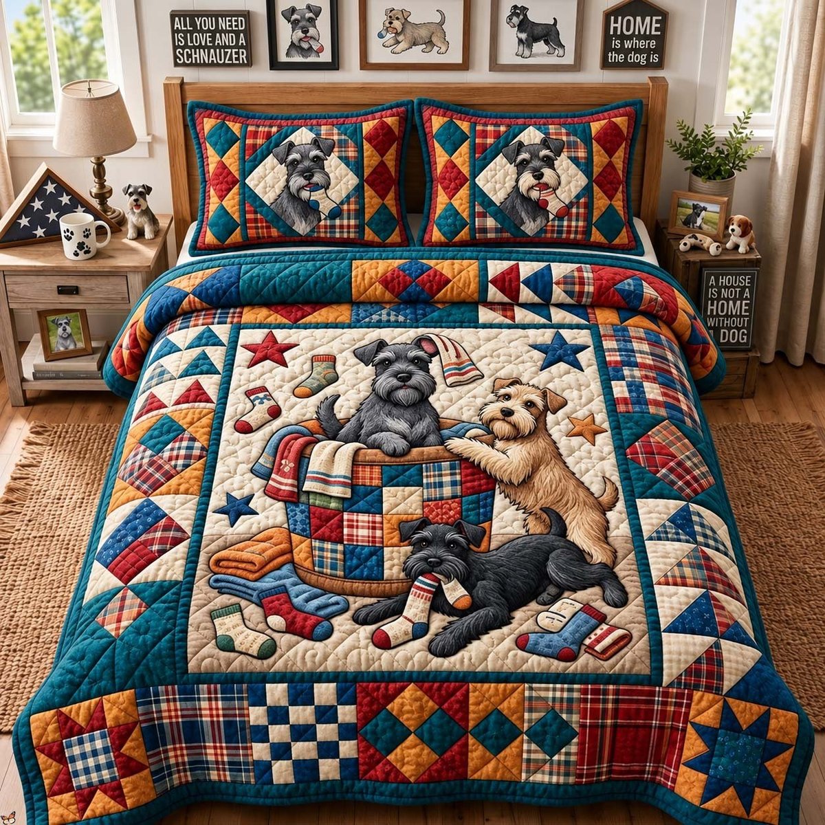 Laundry Basket Pups 3 Piece Quilted Bedding Set Gift For Home Decor Lovers