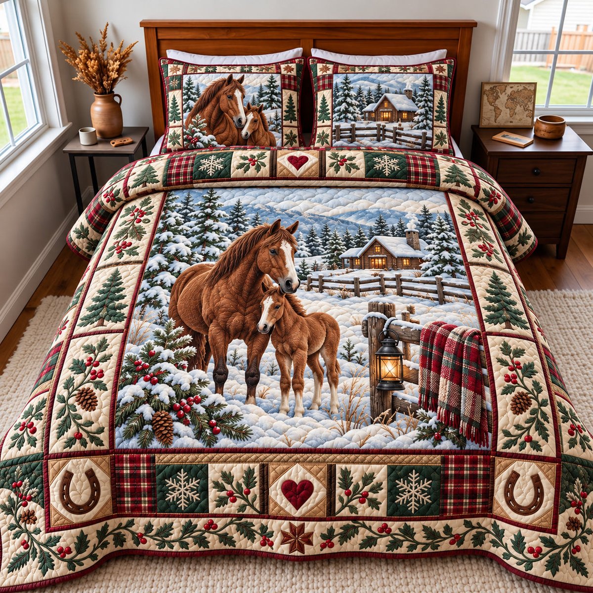 Snowy Horse 3 Piece Quilted Bedding Set Gift For Horse Lovers
