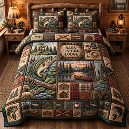 Rustic Bass Fishing 3 Piece Quilted Bedding Set Gift For Fishing Lovers